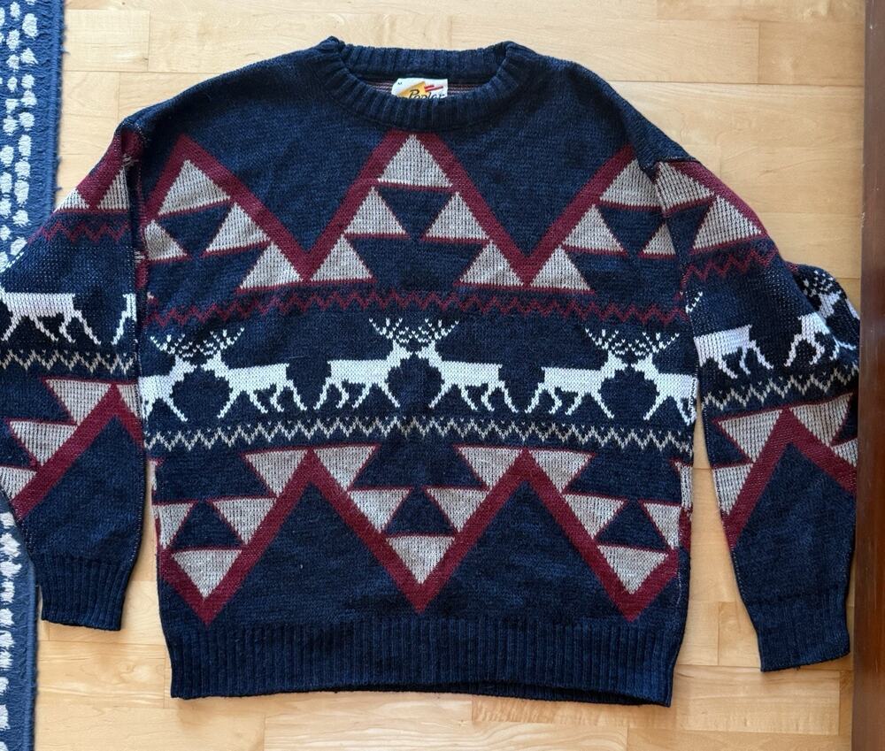 VTG POPLAR Pull Over Sweater Navy Red Geometric REINDEER Made In USA Apres Ski M